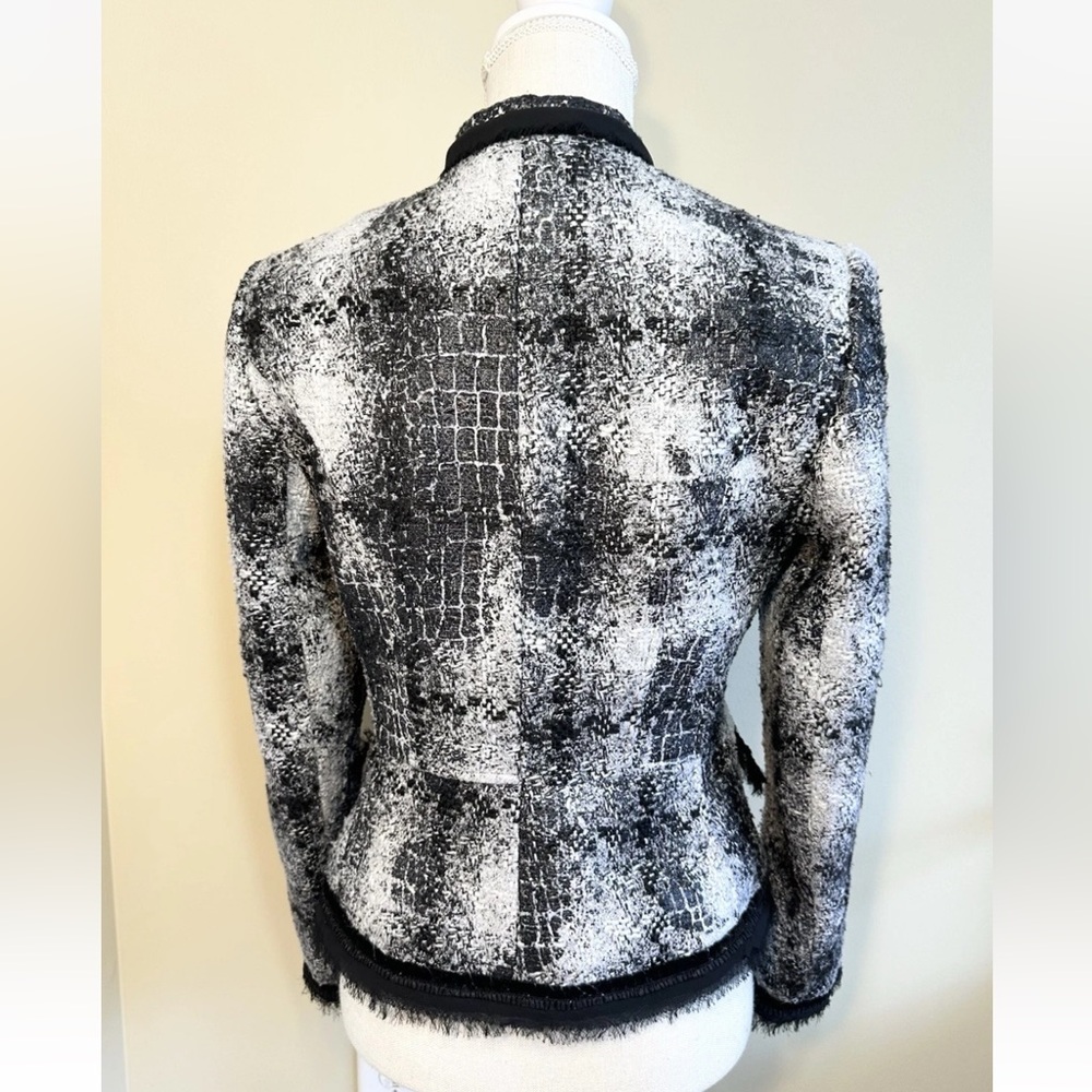 Cache' 6 Tweed Blazer Lined Clasp Closure Chiffon Trim Black White Silver Flat - Picture 5 of 11